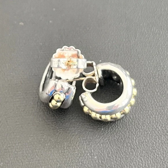 Lagos 925 Sterling Silver and 18kt Yellow Gold ‘Caviar’ Layered Hoop Earrings - Picture 7 of 10